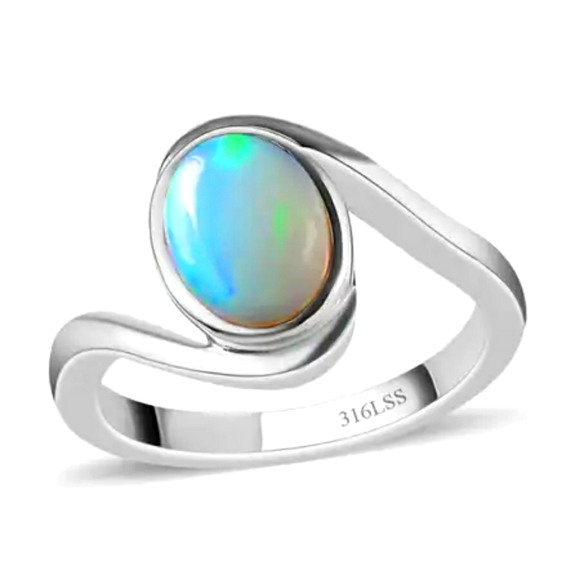 D'joy Jewelry - Ethiopian Welo Opal Bypass Ring in Stainless Steel 0.75 ctw